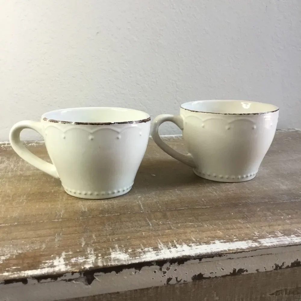 Oversized cream and brown hobnail pattern mugs cups coffee tea farmhouse rustic